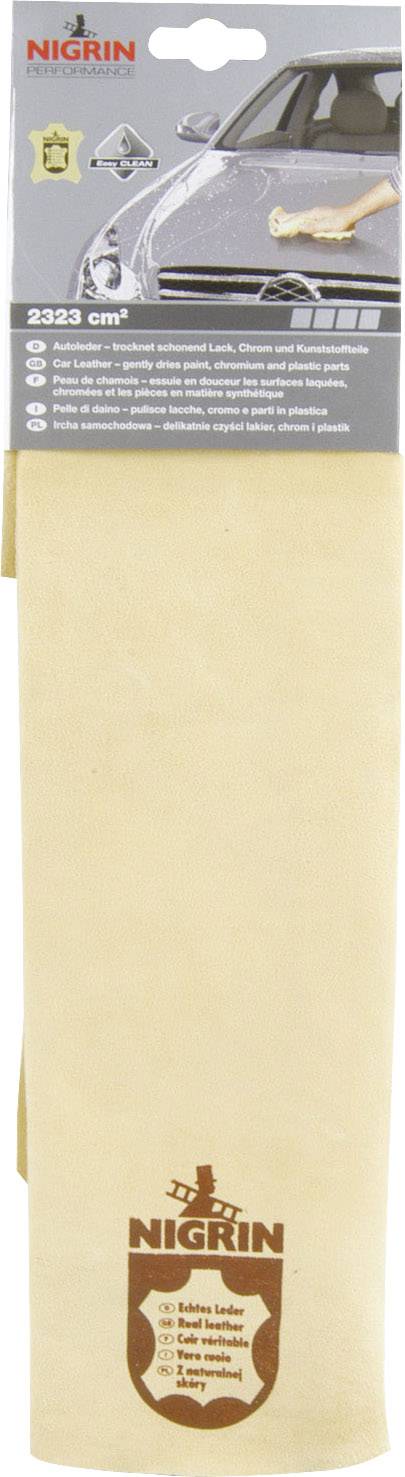 Nigrin-leren doeken (2323 cm²) voor autoonderhoud, naast een auto afgebeeld. Verpakking toont reinigingsvoordelen en gebruiksaanwijzing.