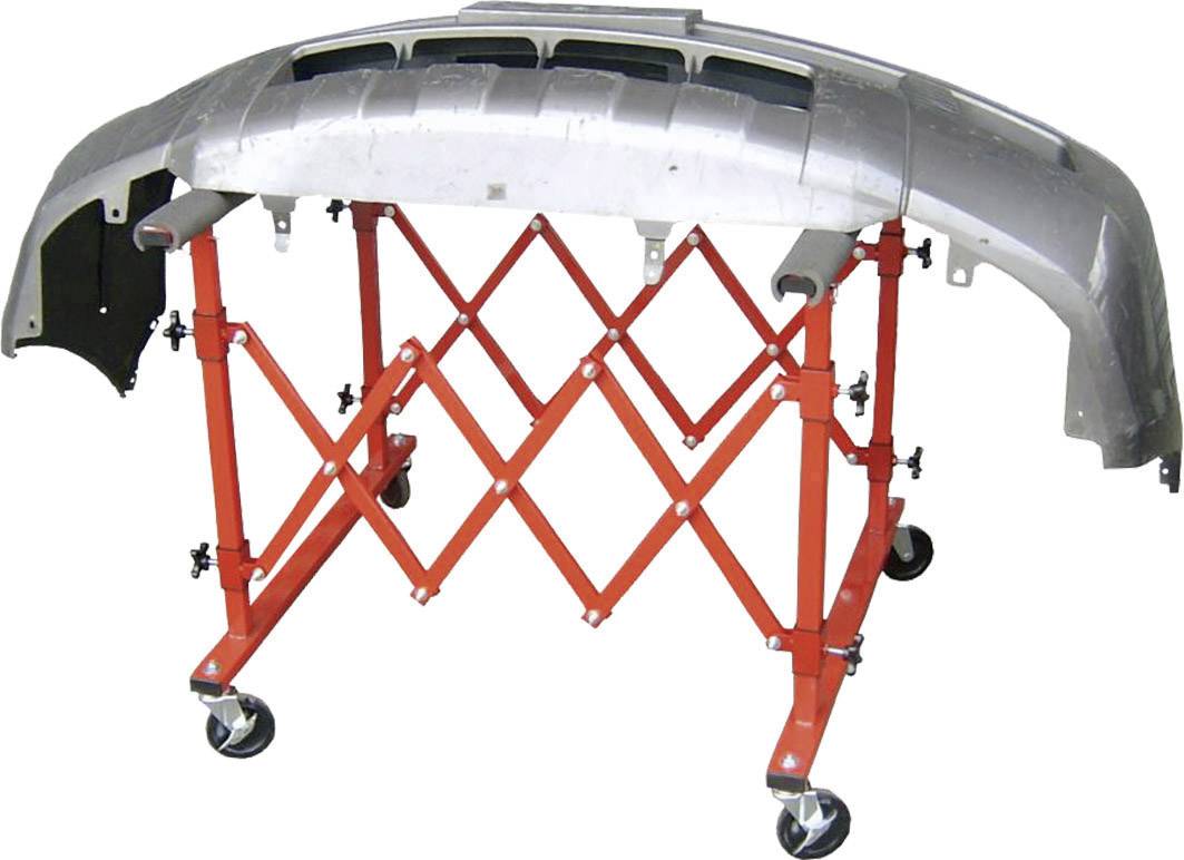 Een bumper op een in hoogte verstelbare, rode metalen standaard met wielen.