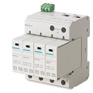 Een overspanningsbeveiligingsapparaat met vier modules, elk voorzien van het Siemens-logo. Gebruikt voor de bescherming van elektrische systemen.