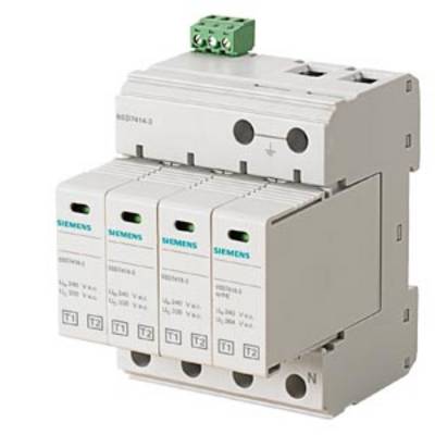 Een overspanningsbeveiligingsapparaat met vier modules, elk voorzien van het Siemens-logo. Gebruikt voor de bescherming van elektrische systemen.