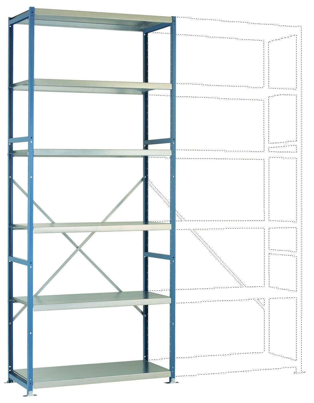 Een hoog, stevig metalen rek met vijf schappen. Naast het rek een gestippelde silhouet van een vergelijkbaar rek om de uitbreidingsmogelijkheden te verduidelijken.