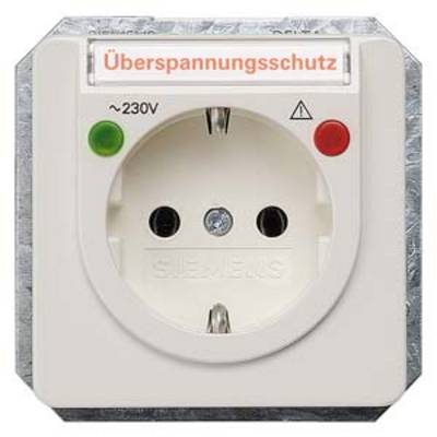 Wandcontactdoos met overspanningsbeveiliging, rode en groene indicatielampjes voor spanningsstatus, opschrift 'Siemens', spanning: ~230V.