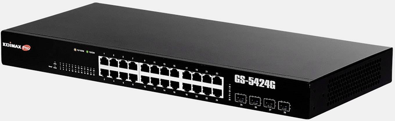 Zwarte netwerk-switch met 24 Ethernet-poorten en aanvullende aansluitingsmogelijkheden. Edimax-logo linksboven. Model 'GS-5424G'.