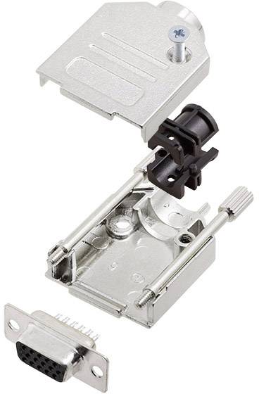 Uitlegschets van een D-Sub-connector. Behuizing, schroef en stekker zijn zichtbaar.