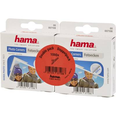 Twee verpakkingen Hama fotohoekjes, elk met 500 stuks. Ze zijn zuurvrij. Een rood etiket op de verpakkingen vermeldt 'Double Pack 1000x'.