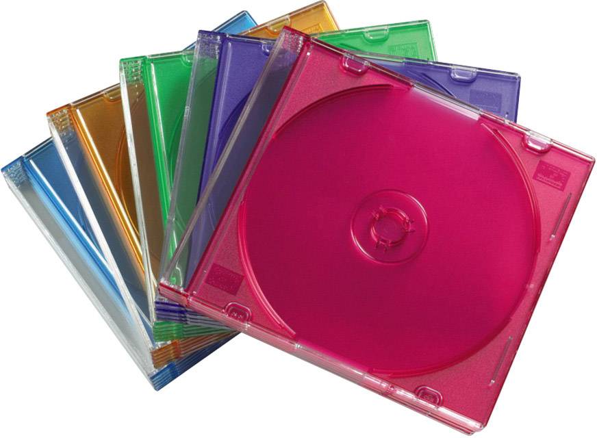 Kleurrijke cd-hoesjes in verschillende kleuren, waaiergewijs gerangschikt: Rood, Blauw, Oranje, Groen, Paars en andere, zonder cd's.