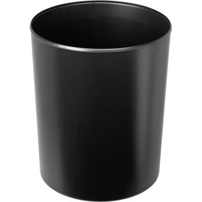 Een zwarte plastic prullenbak staat rechtop.