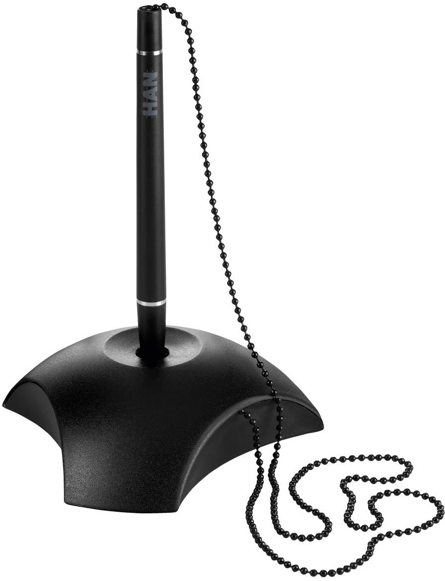 Zwart-zilveren pen met ketting, bevestigd aan een afgeronde zwarte standaard. Ideaal voor gebruik aan de balie.