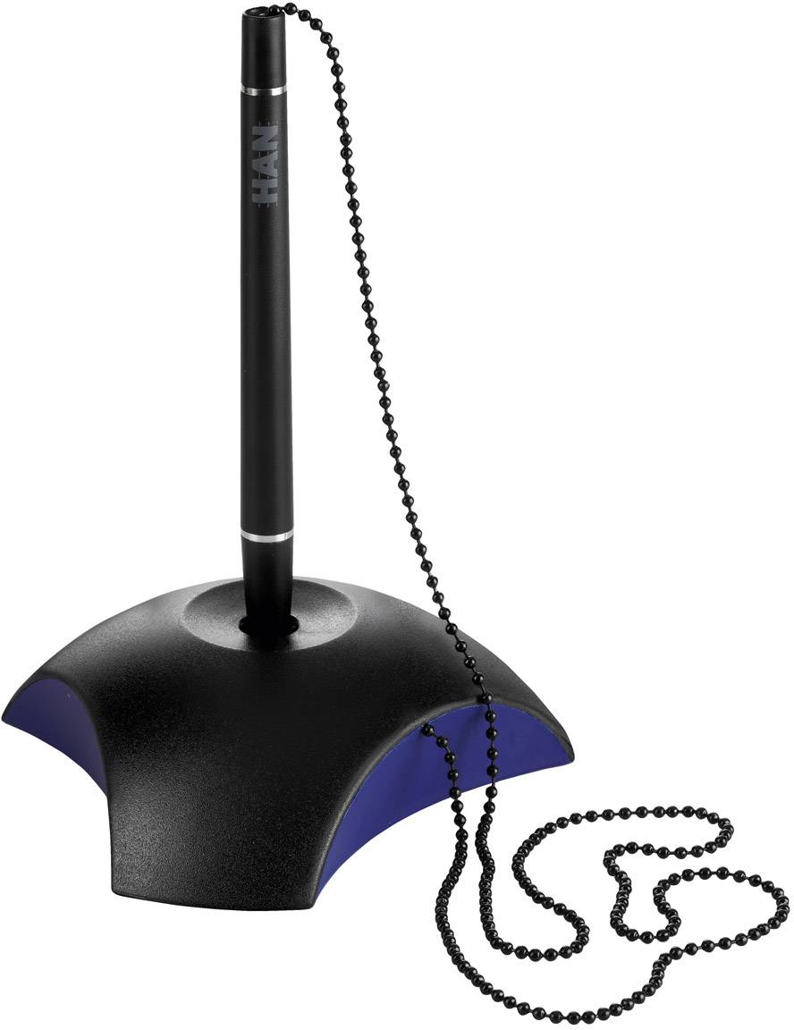 Zwarte pen op een zwarte, gebogen standaard, verbonden met een metalen ketting.