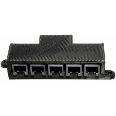 Een vijfvoudige RJ45-netwerkverdeler die meerdere Ethernet-kabels in één enkel apparaat samenvoegt.