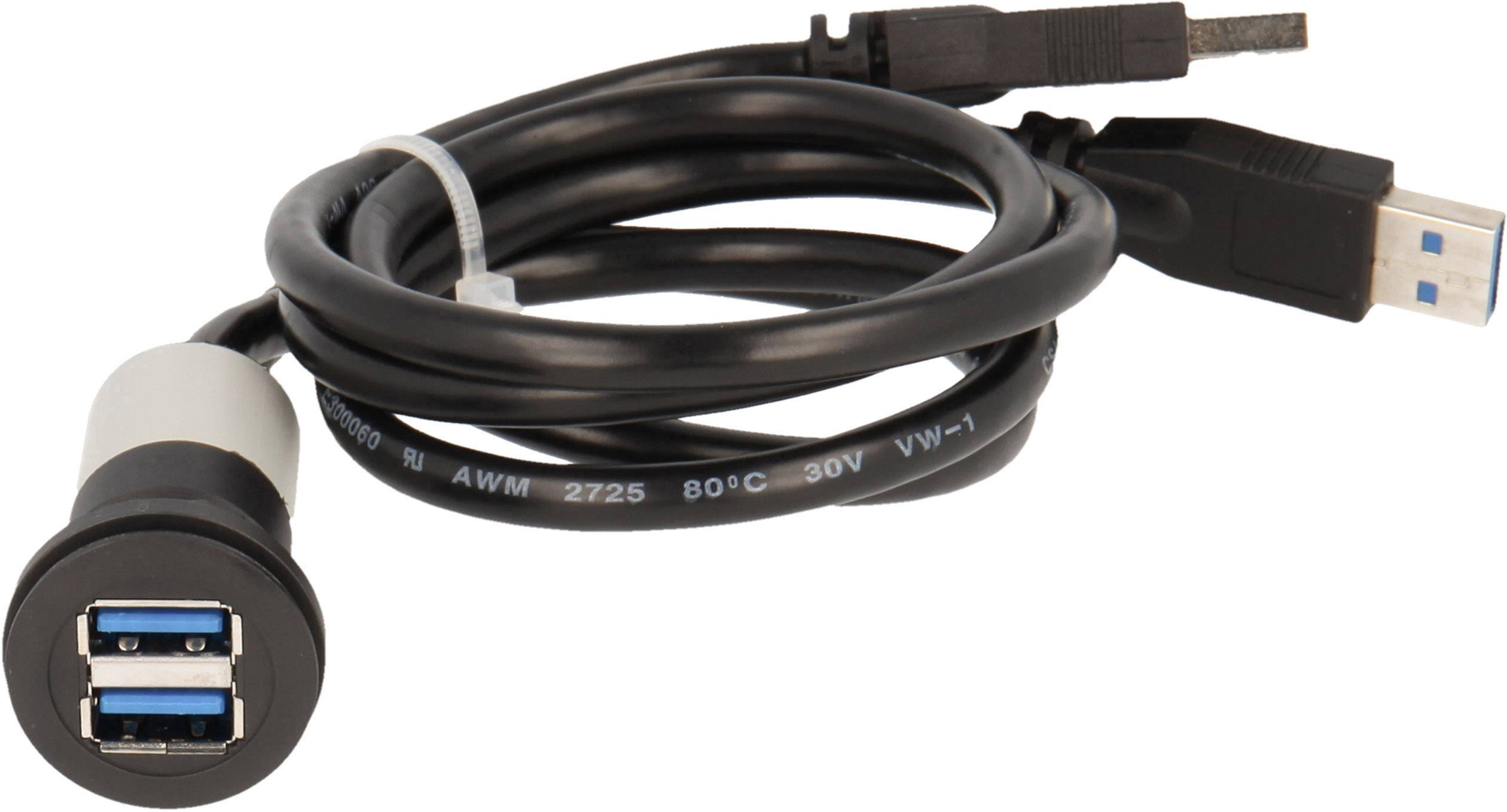 Een zwarte USB 3.0-kabel met twee aansluitingen. De grote stekker wijst naar voren, de platte USB-stekker is zichtbaar.