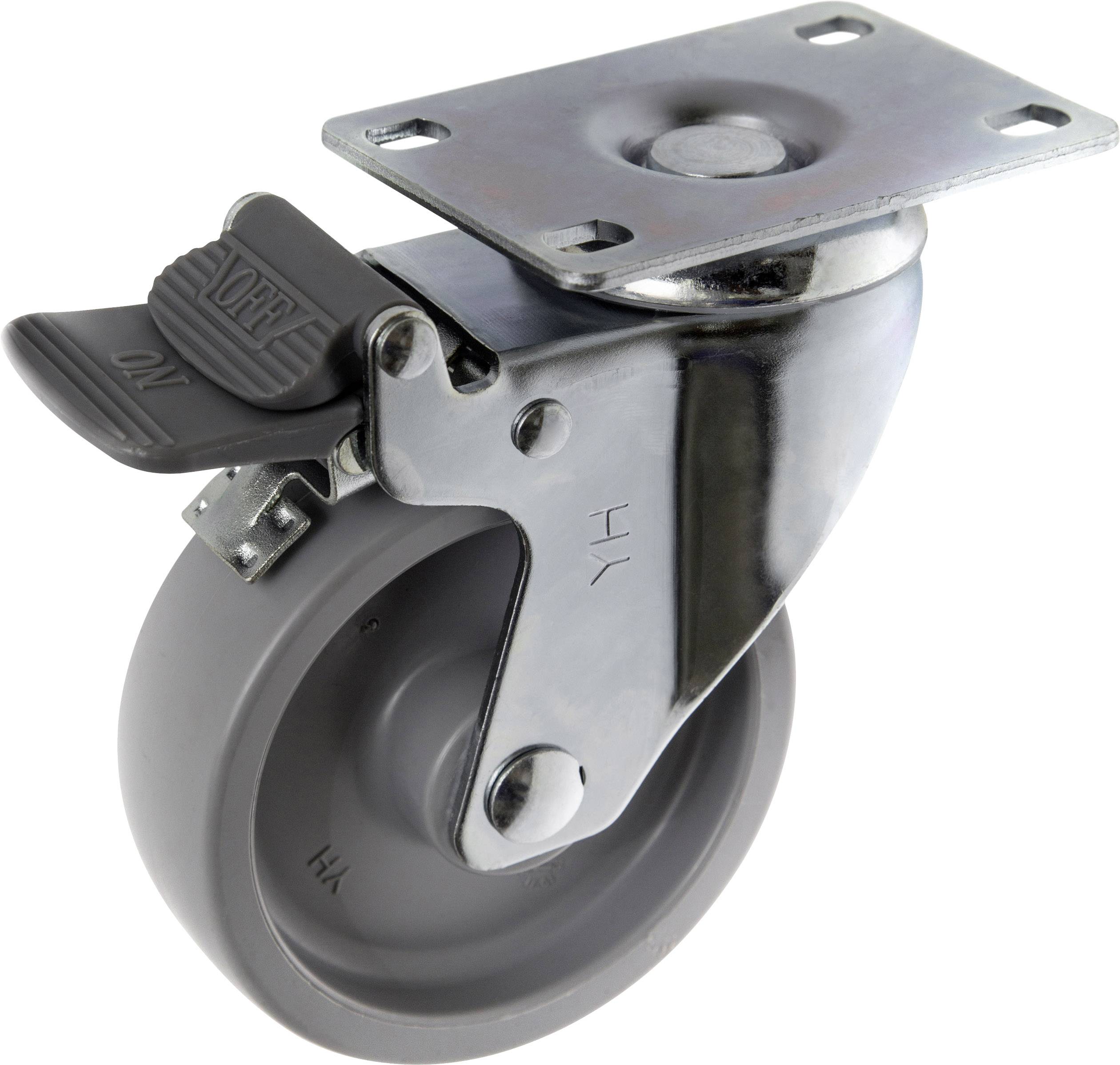 Zwenkwiel met grijs wiel en metalen plaat, geschikt voor meubels en transportapparatuur. Voorzien van een rem voor extra stabiliteit.
