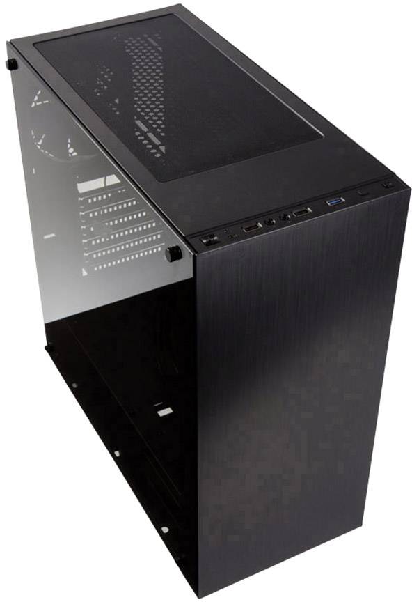 Zwart computerbehuizing met zijraam, toont interne compartimenten en aansluitingen aan de voorkant.