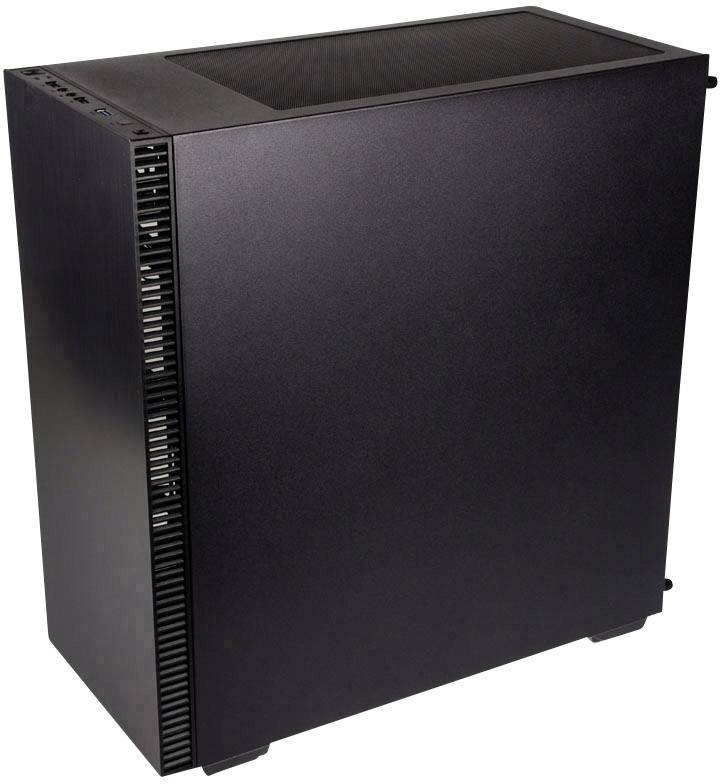 Zwart computerbehuizing met rechthoekige vorm en zijdelings verluchtingsrooster.
