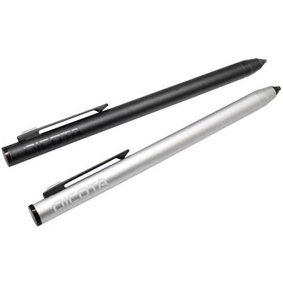 Twee pennen in zwart en zilver liggen diagonaal naast elkaar. Beide zijn voorzien van een clip om vast te maken en zijn geschikt voor touchscreen-apparaten.