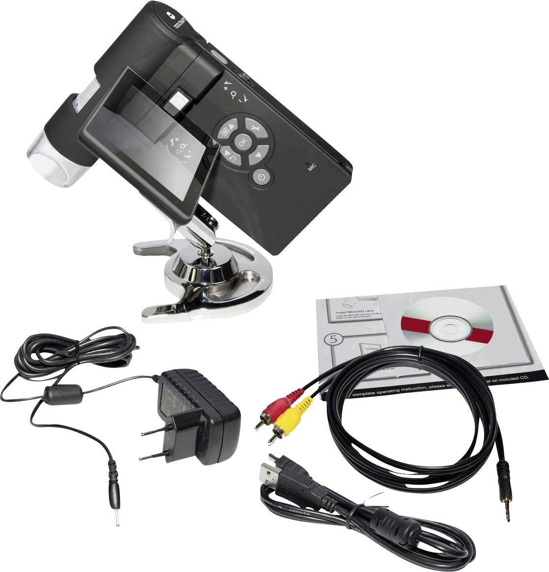 Digitale camera met kantelbaar display, USB-kabel, AV-kabel, netadapter en software-cd. Accessoires voor video- en fotografie.