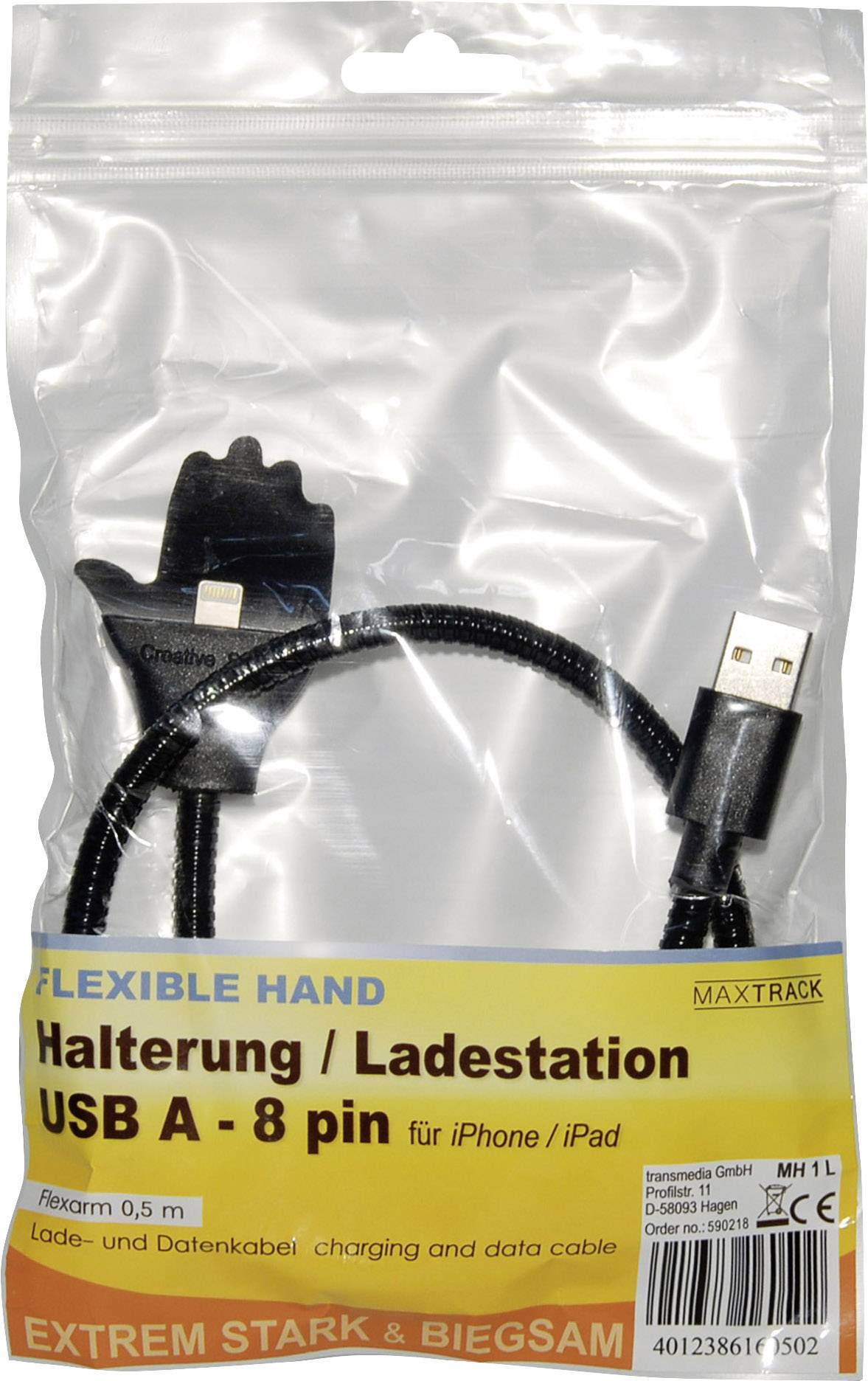 'Flexibele Hand' Laadkabel, USB A naar 8-pins, 0,5 m lengte, voor iPhone/iPad, sterk en buigzaam, Maxtrack merk. Verpakking toont product.