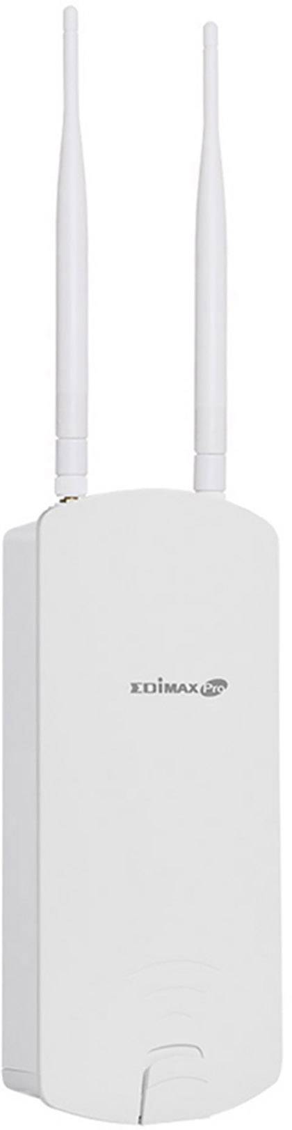 Een witte wifi-router met twee verticaal geplaatste antennes. Merknaam centraal op de voorkant.
