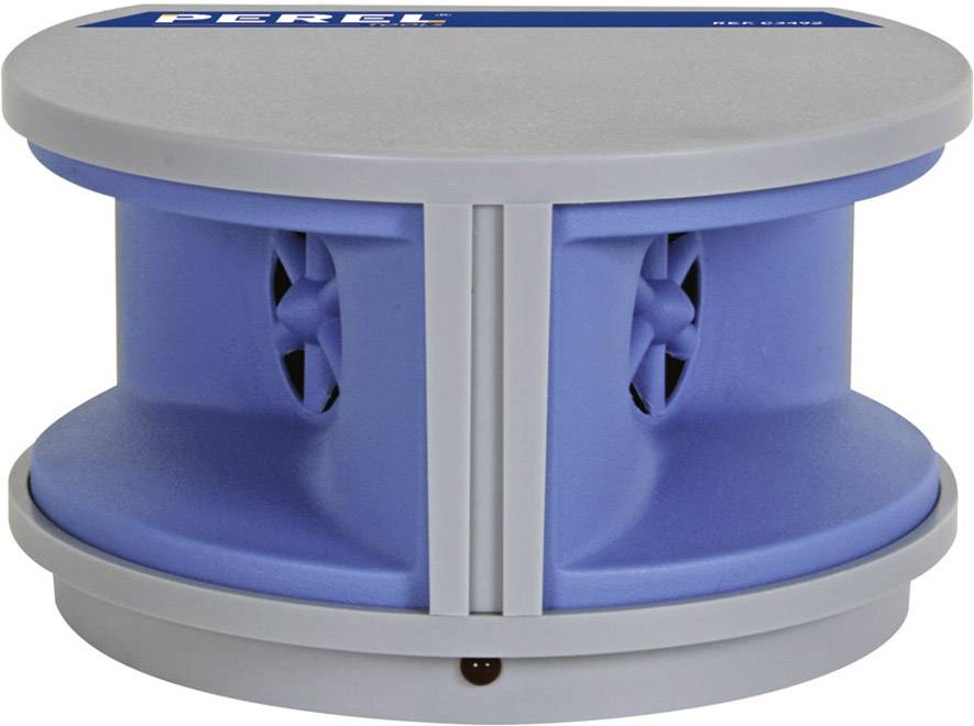 Een rond, blauw-grijs apparaat met ventilatiesleuven, vermoedelijk een ultrasone ongediertebestrijder.