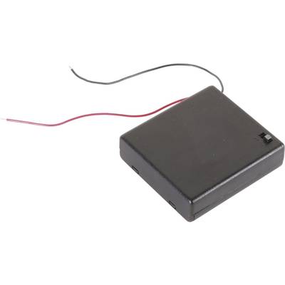 Zwart kunststof batterijvak met twee uitstekende kabels, een rode en een zwarte, met een aan/uit-schakelaar.