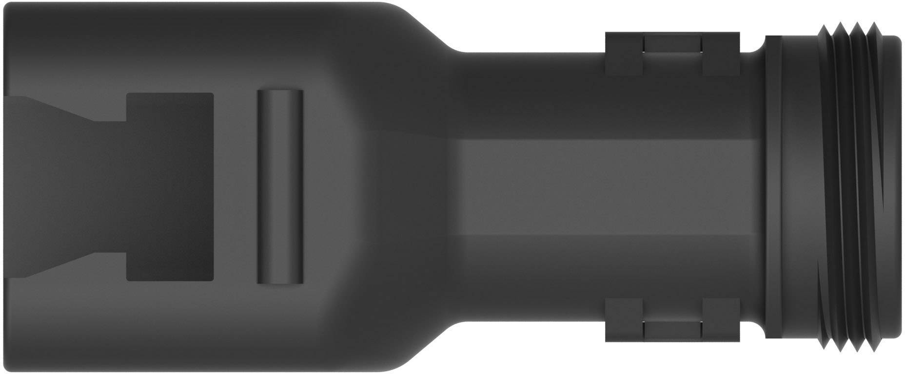 Een zwarte, cilindrische adapter met geprofileerde aansluiting en een zijopening.
