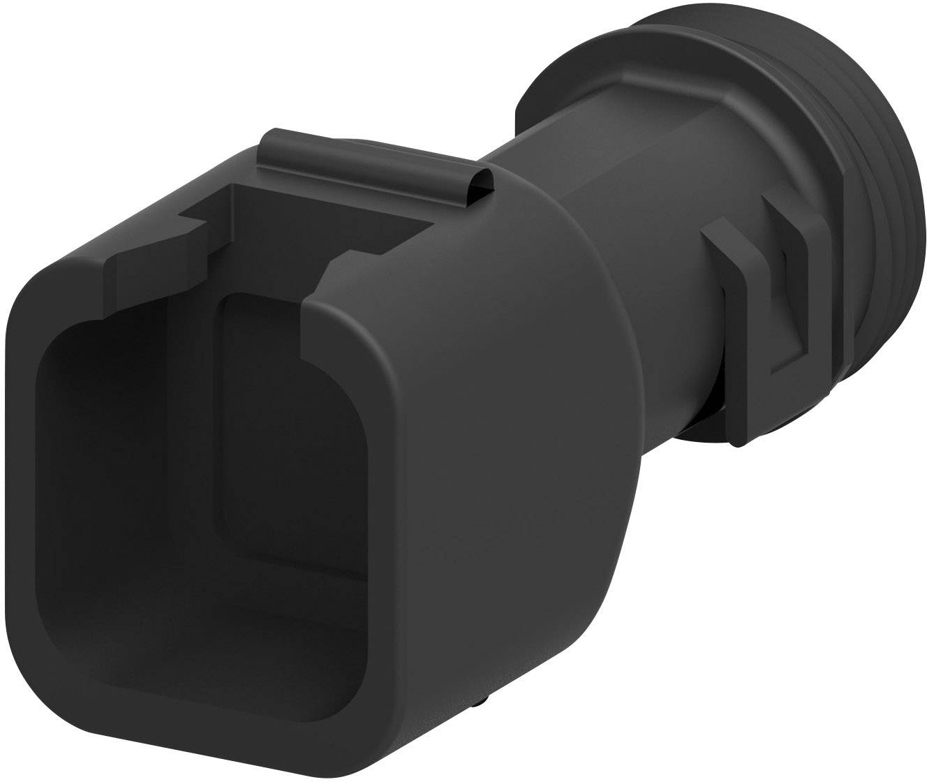 Zwarte plastic stekker close-up, vierkant met afgeronde hoeken. Hij heeft twee zijdelingse inkepingen en een geprofileerde afwerking.