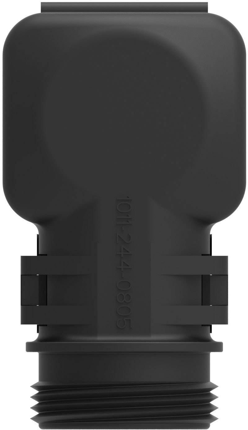 Een zwart, cilindrisch kunststof onderdeel met een breed bovenste gedeelte en een smaller onderste aansluiting, waarschijnlijk een adapter of stekker.