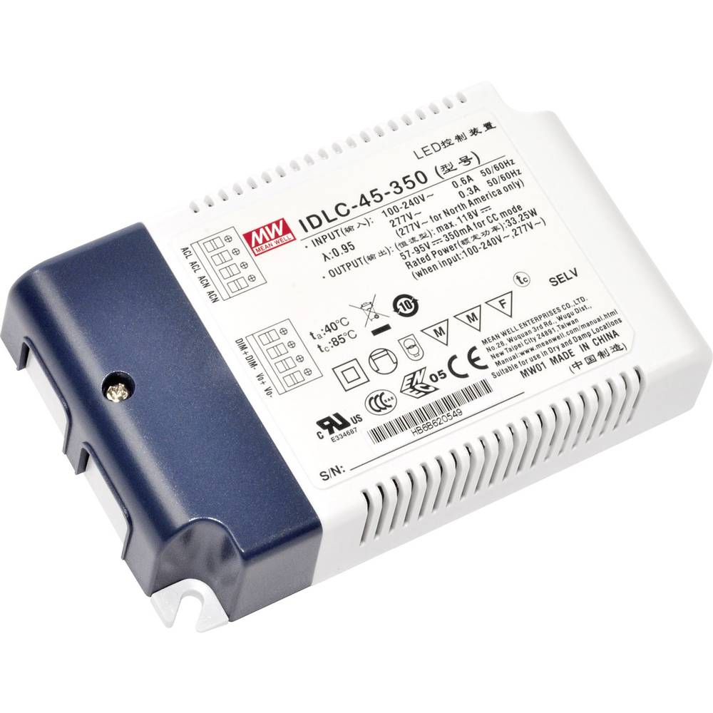 Mean Well IDLC-45-350 LED-transformator, LED-driver Constante stroomsterkte 33.25 W 350 mA 57 - 95 V/DC Montage op ontv