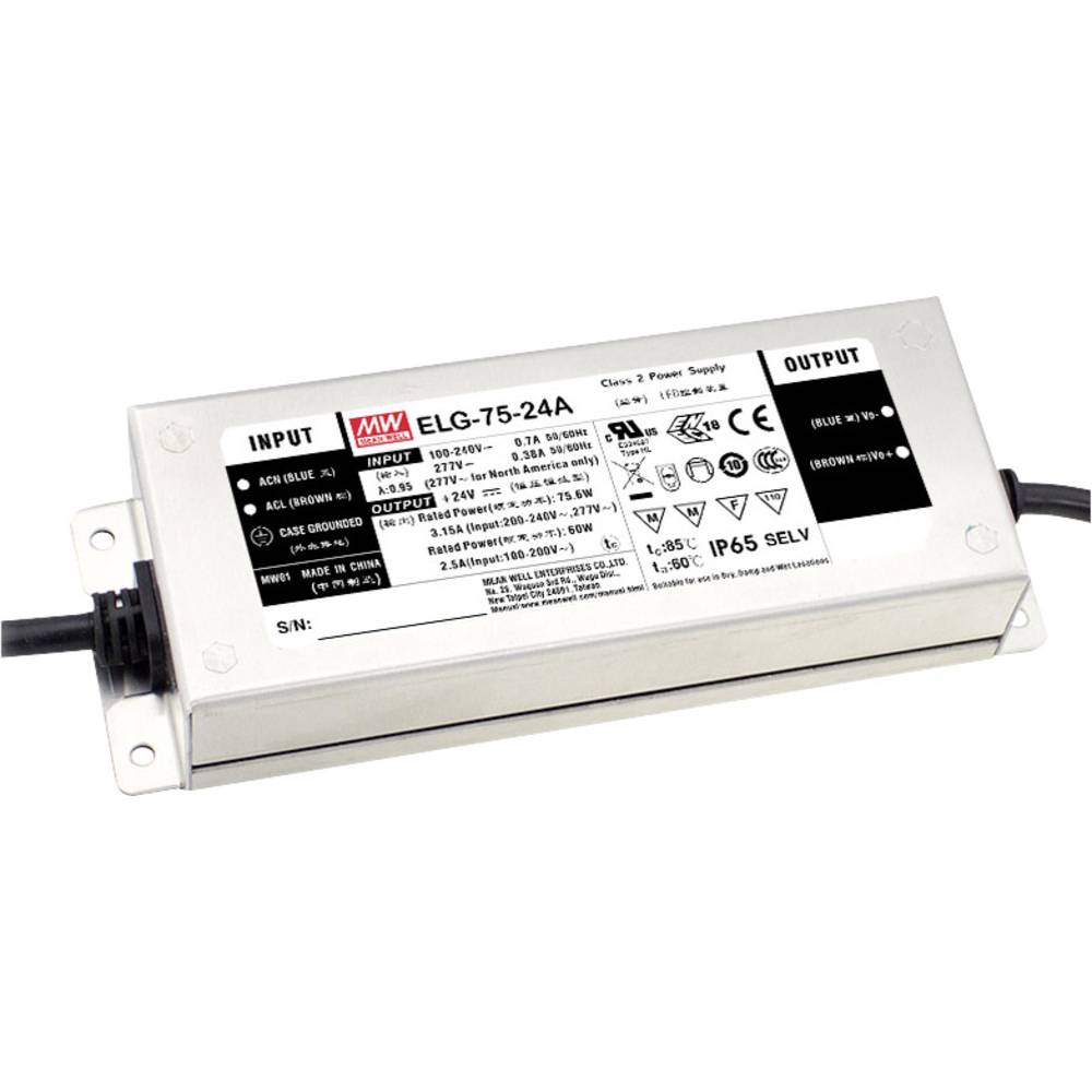 Mean Well ELG-75-24A-3Y LED-driver Constante spanning, Constante stroomsterkte 75.6 W 3.15 A 12 - 24 V/DC Dimbaar, PFC-schakeling, Overbelastingsbescherming,