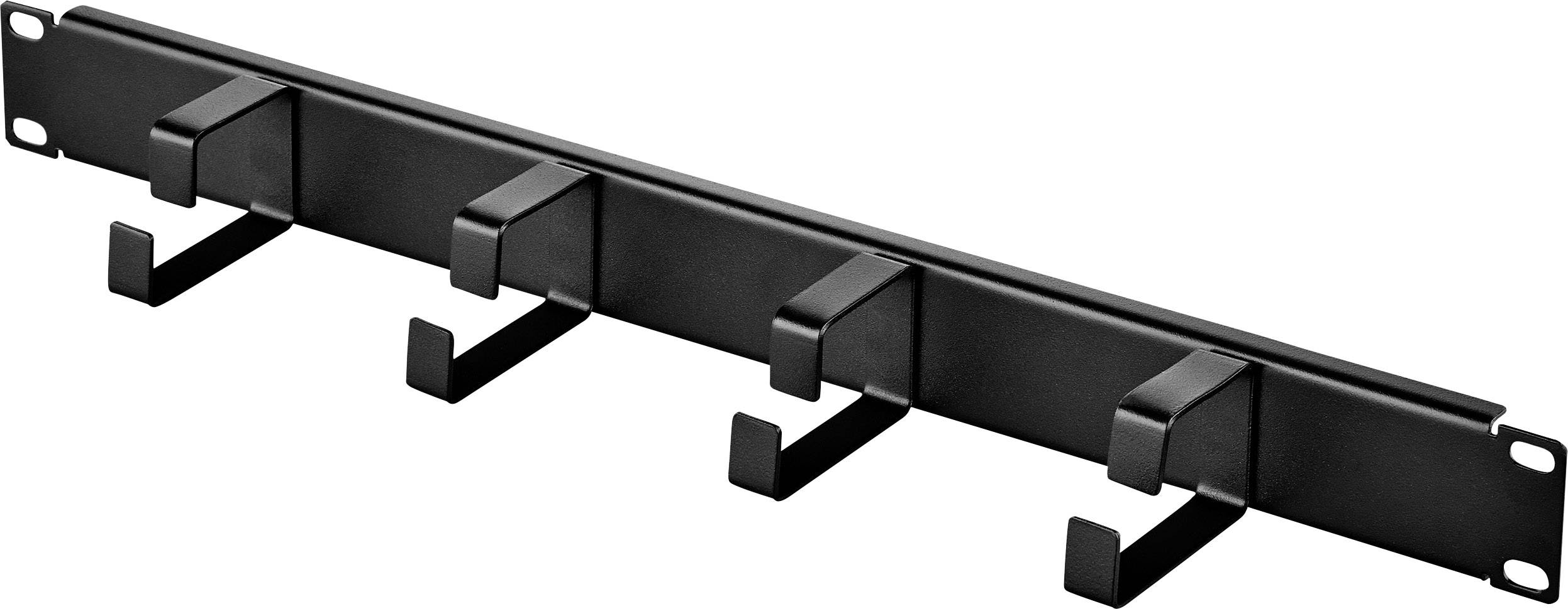 'Zwart metalen kabelbeheersysteem met vijf haken, horizontaal gepositioneerd, voor een nette geleiding van kabels.'