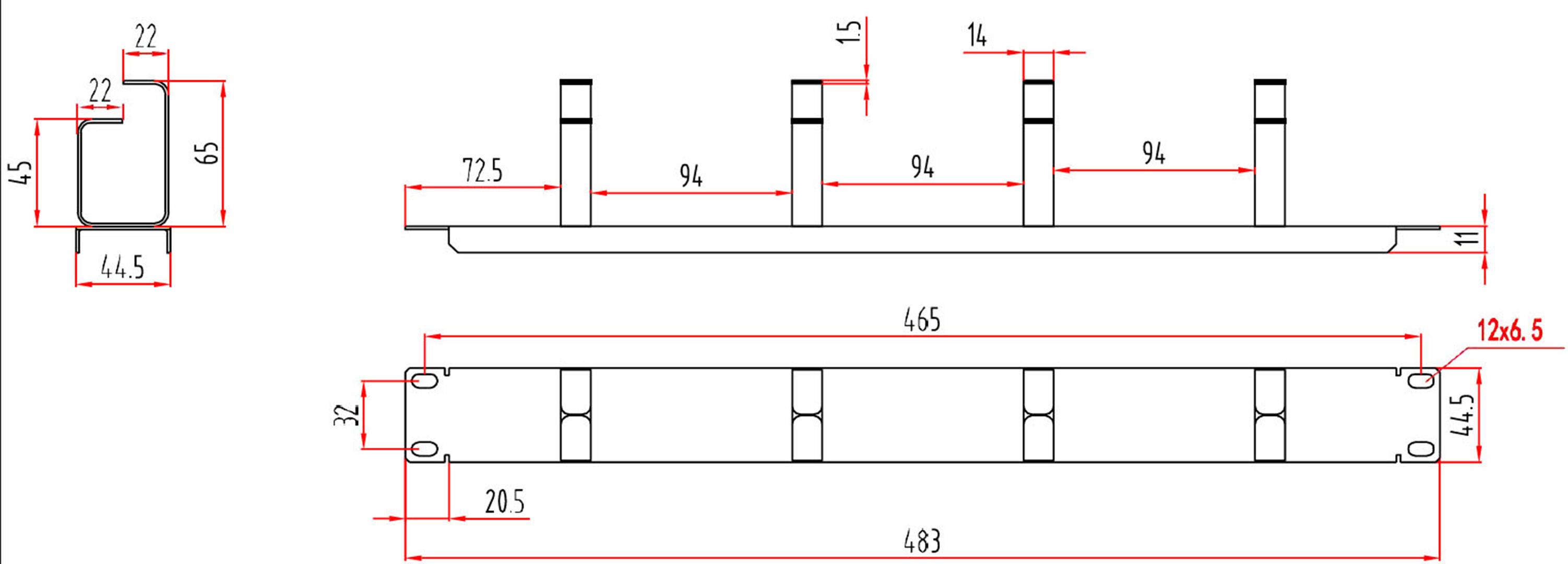 Technische tekening toont de afmetingen van een metalen onderdeel met meerdere rechthoekige openingen. Maten zijn in millimeters weergegeven.