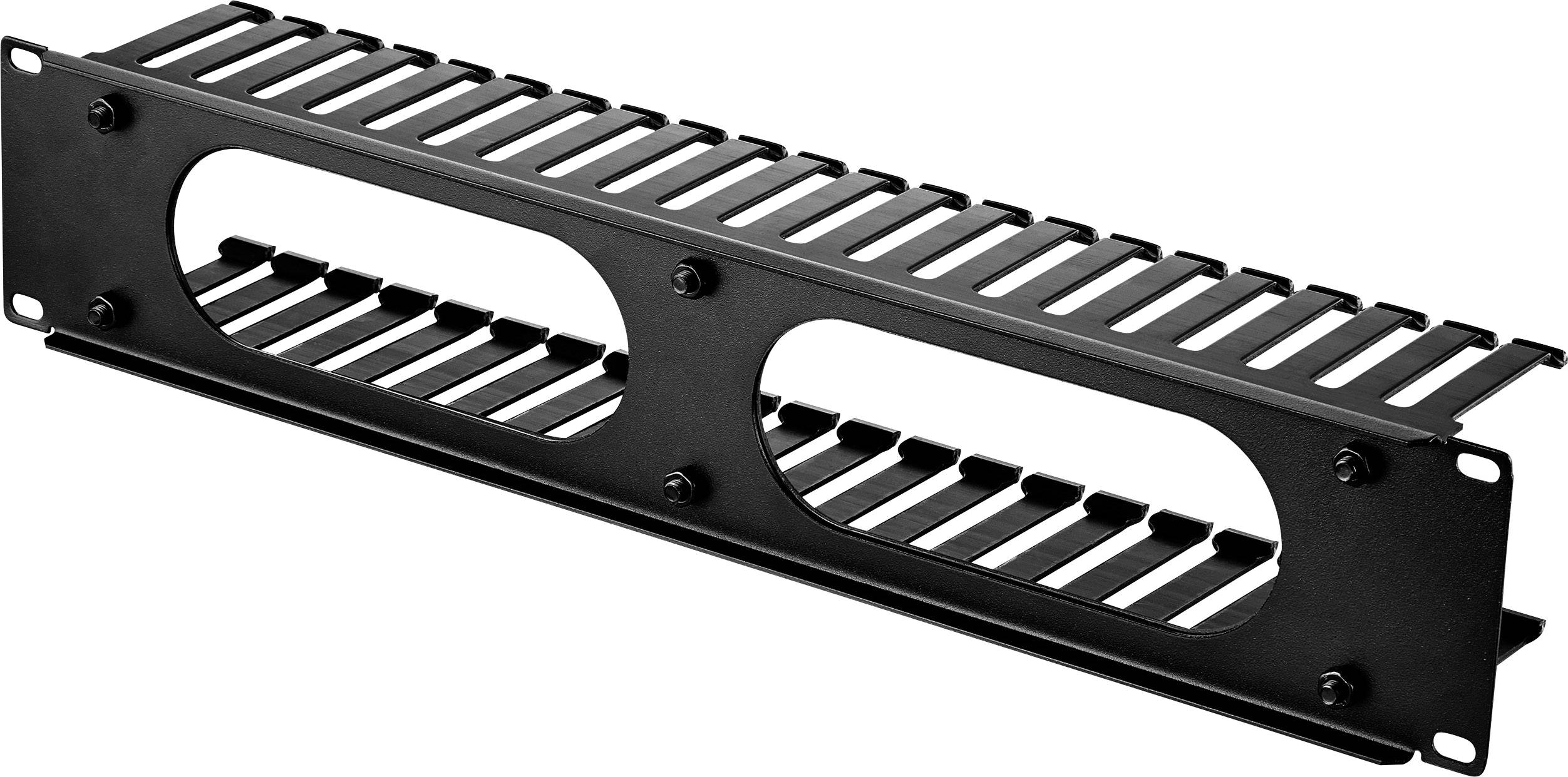 Een zwarte kabelmanagement-patchpanel voor nette kabelgeleiding in IT-racks.