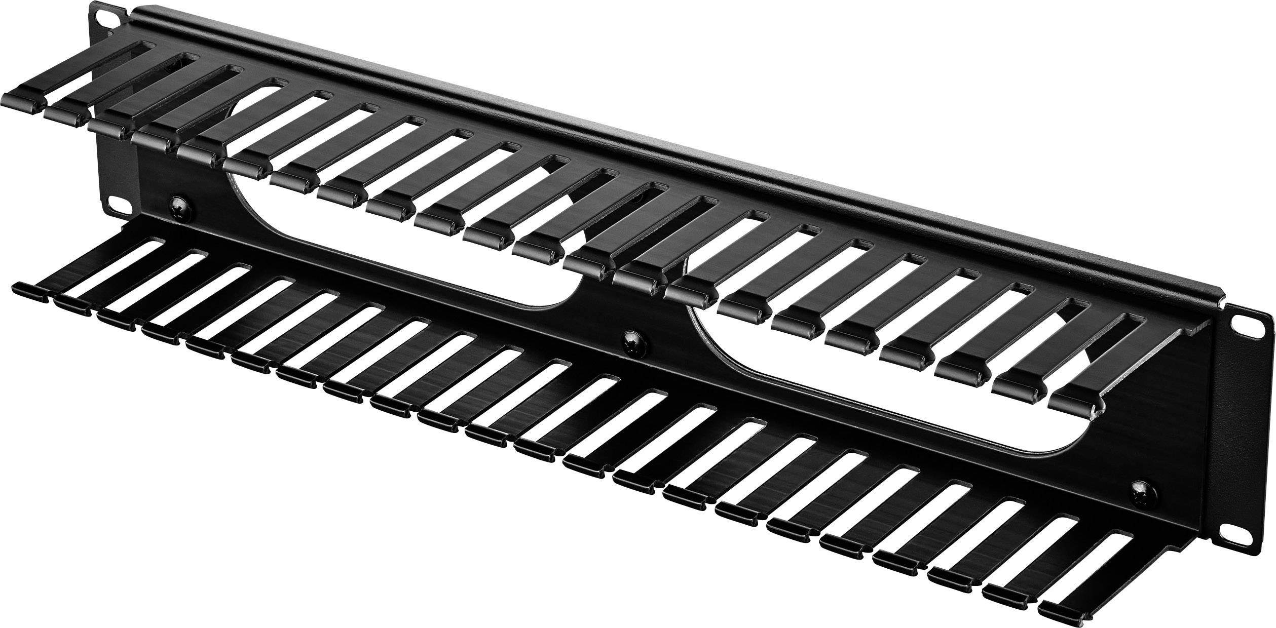 Een zwarte bekabelingsbeheerpatchpanel met meerdere openingen voor nette kabelgeleiding, in een metalen behuizing.