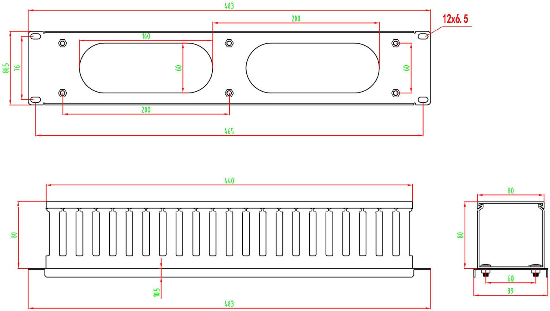 Technische tekening van een rechthoekige metalen plaat met afmetingen. Bovenaan bovenaanzicht met ovale uitsnijdingen, zijaanzicht en vooraanzicht onderaan.