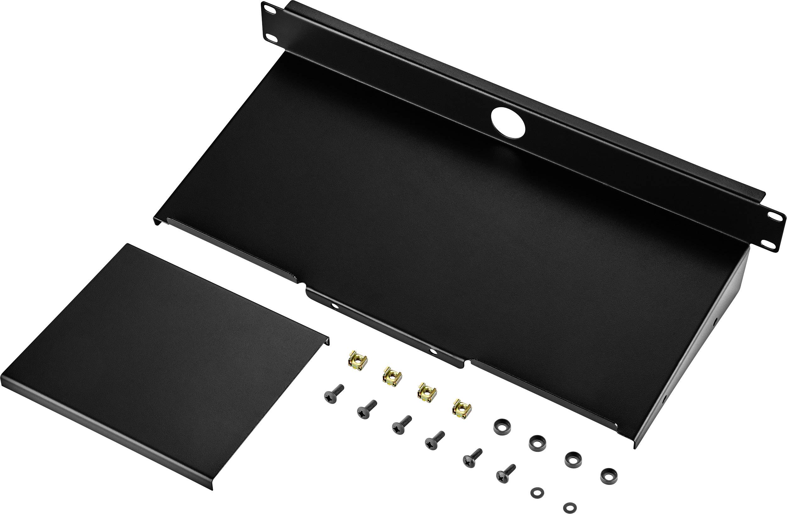 Zwart montagekit voor 19-inch racks, bestaande uit een afdekking, een geperforeerde houder en meerdere schroeven en moeren.