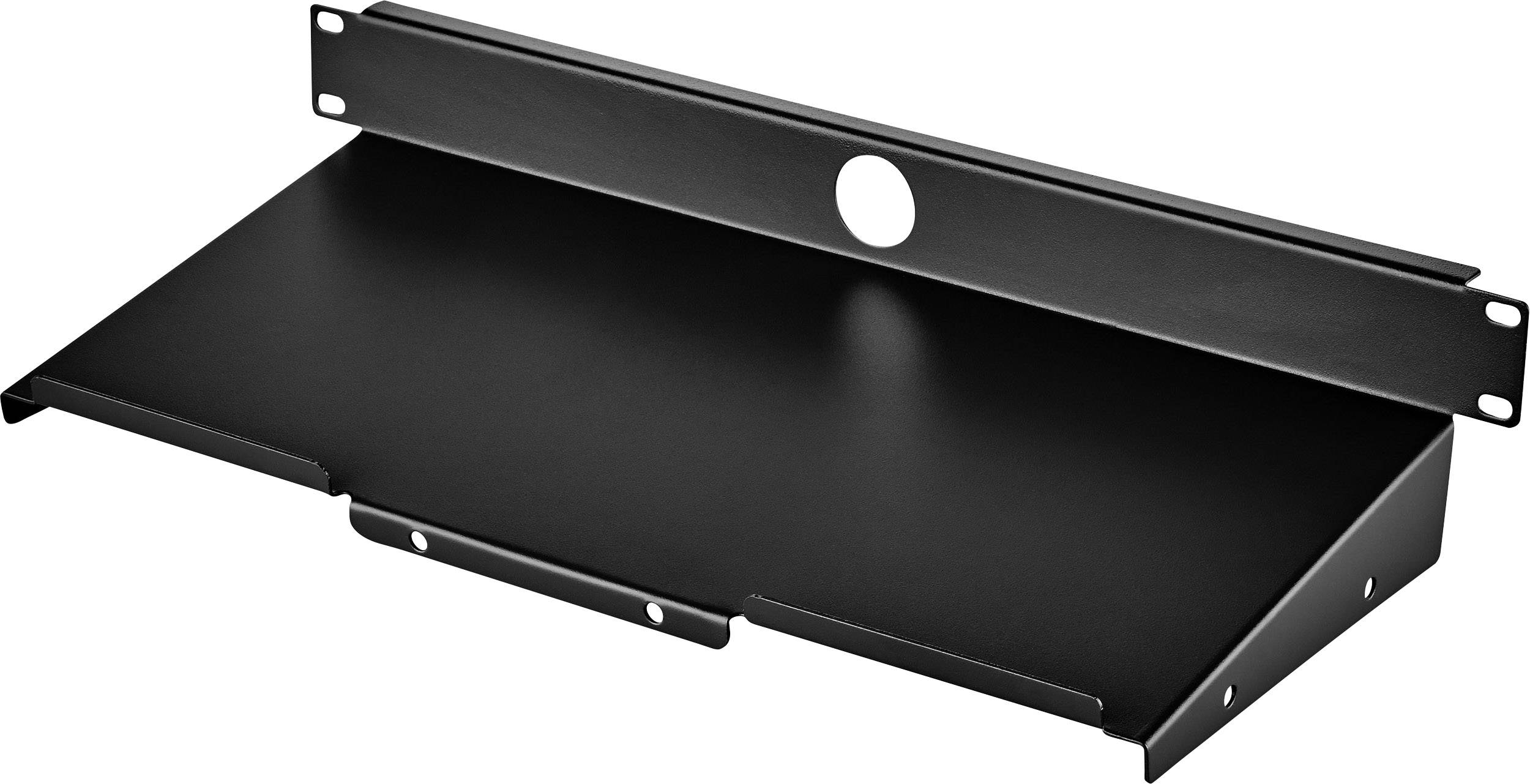 Een zwart metalen rek met bevestigingsbeugels voor montage aan een muur of frame. Het rek heeft een gat in de achterwand.