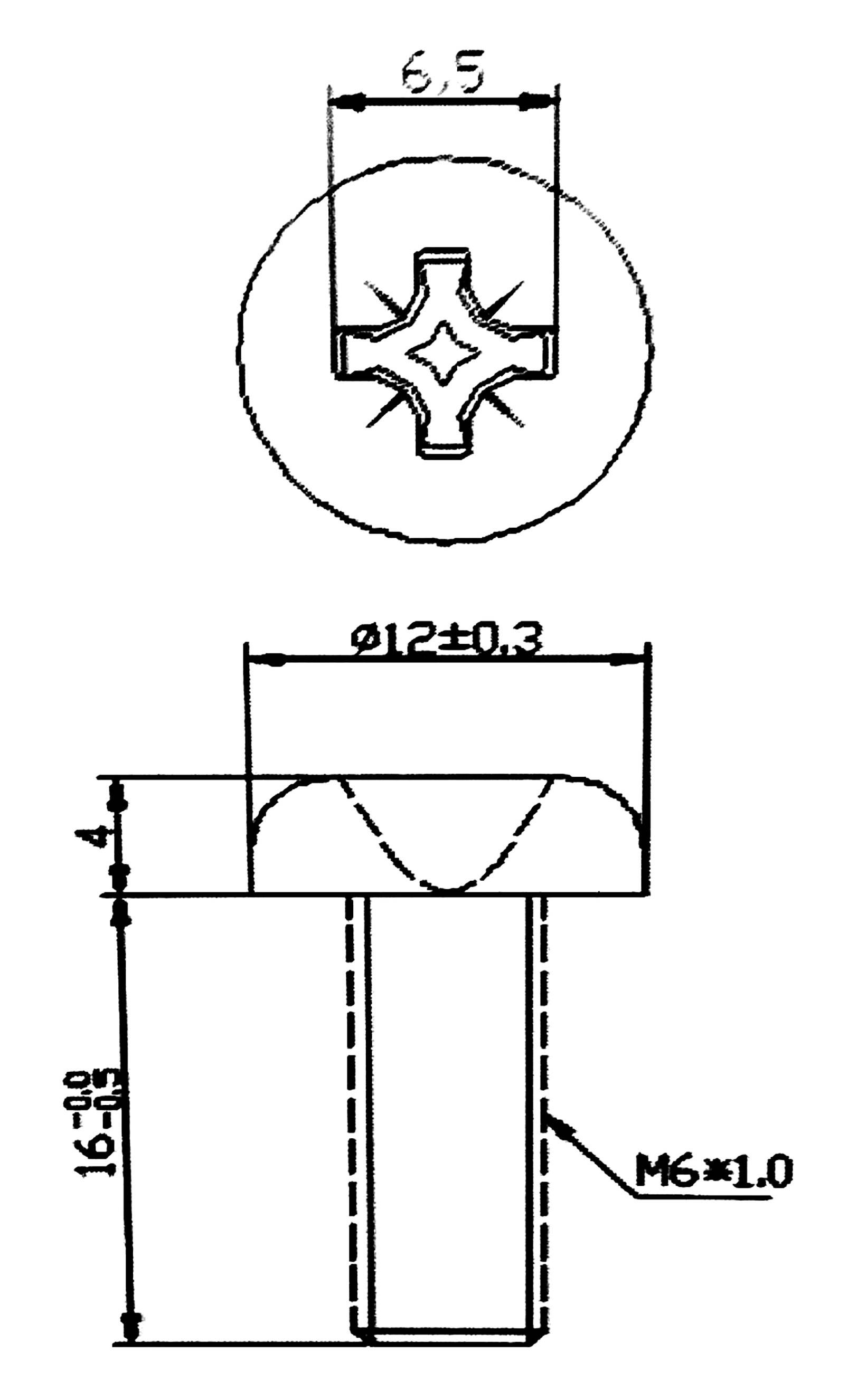 Technische tekening van een schroef met lengtematen: 6,5 mm kopdiameter, totale lengte 16-18 mm, schroefdraad M6*1.0.