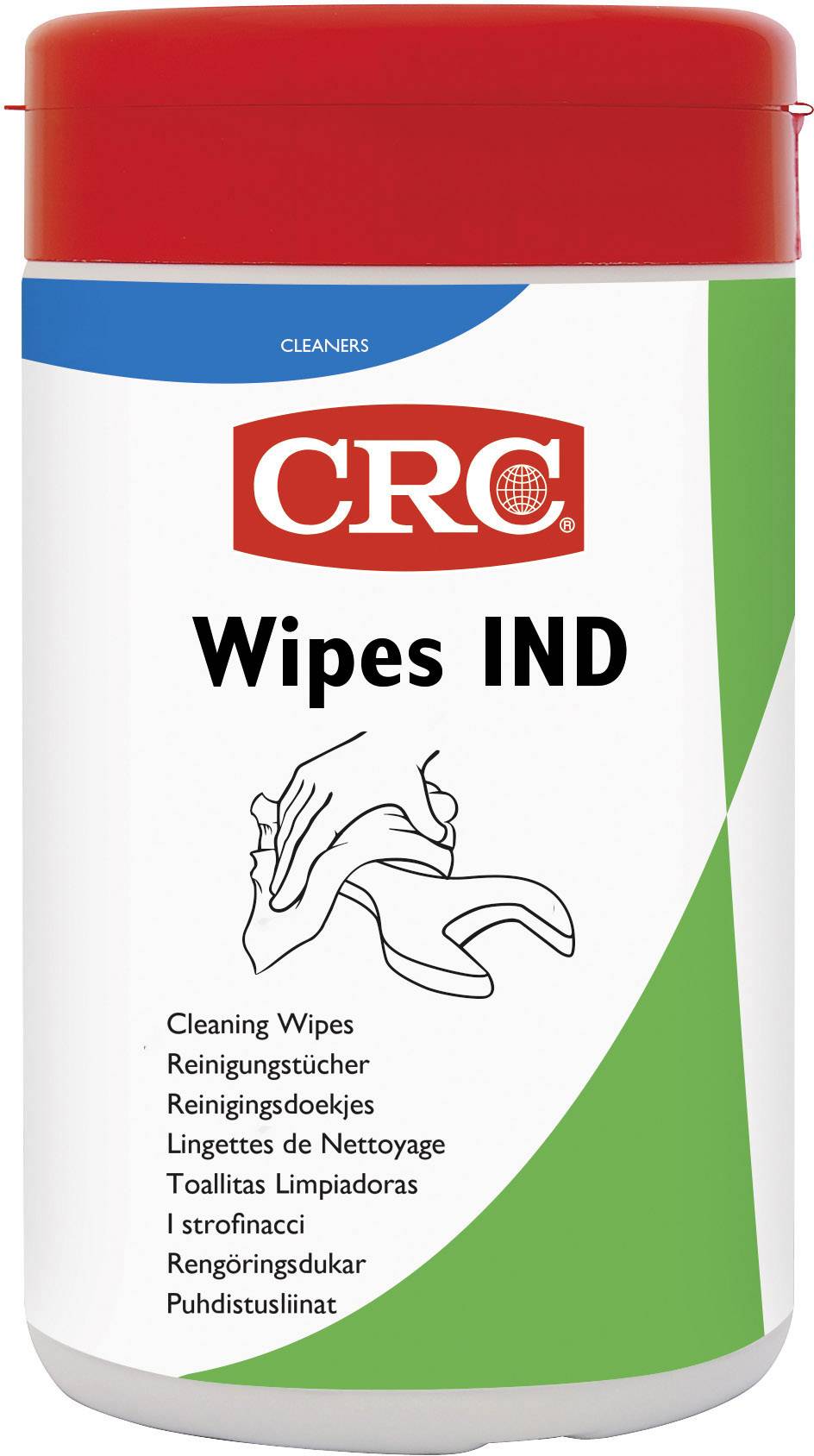Reinigingsdoekjes in rode en witte verpakking van CRC. Bevat een tekening van een doekje en meertalige aanduidingen op de voorkant.