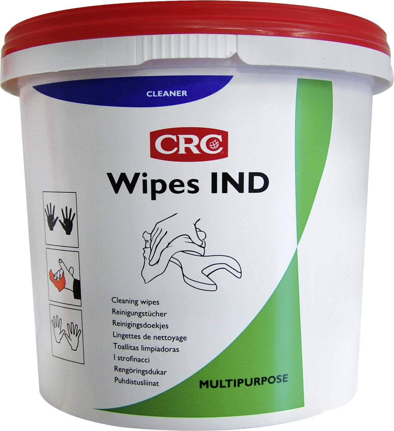 Een witte emmer met een rode deksel, gemarkeerd met 'CRC Wipes IND'. Bevat reinigingsdoekjes. Pictogrammen wijzen op handreiniging.