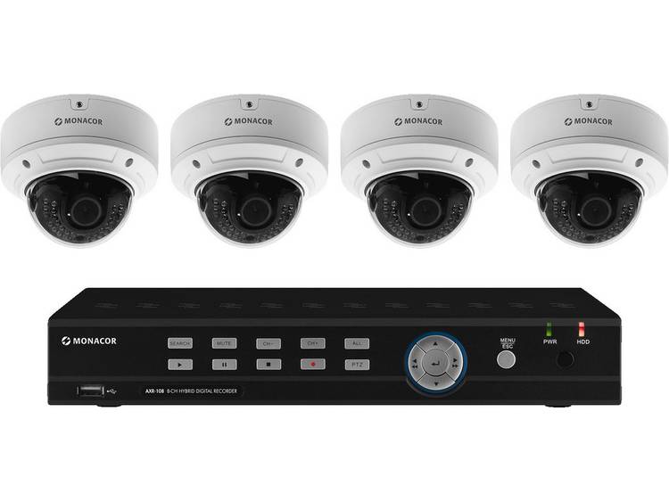 Monacor 0180118 AXZ-408DVM Bewakingscamera-set Analoog, HD-TVI, AHD, HD-CVI 8-kanaals Met 4 cameras