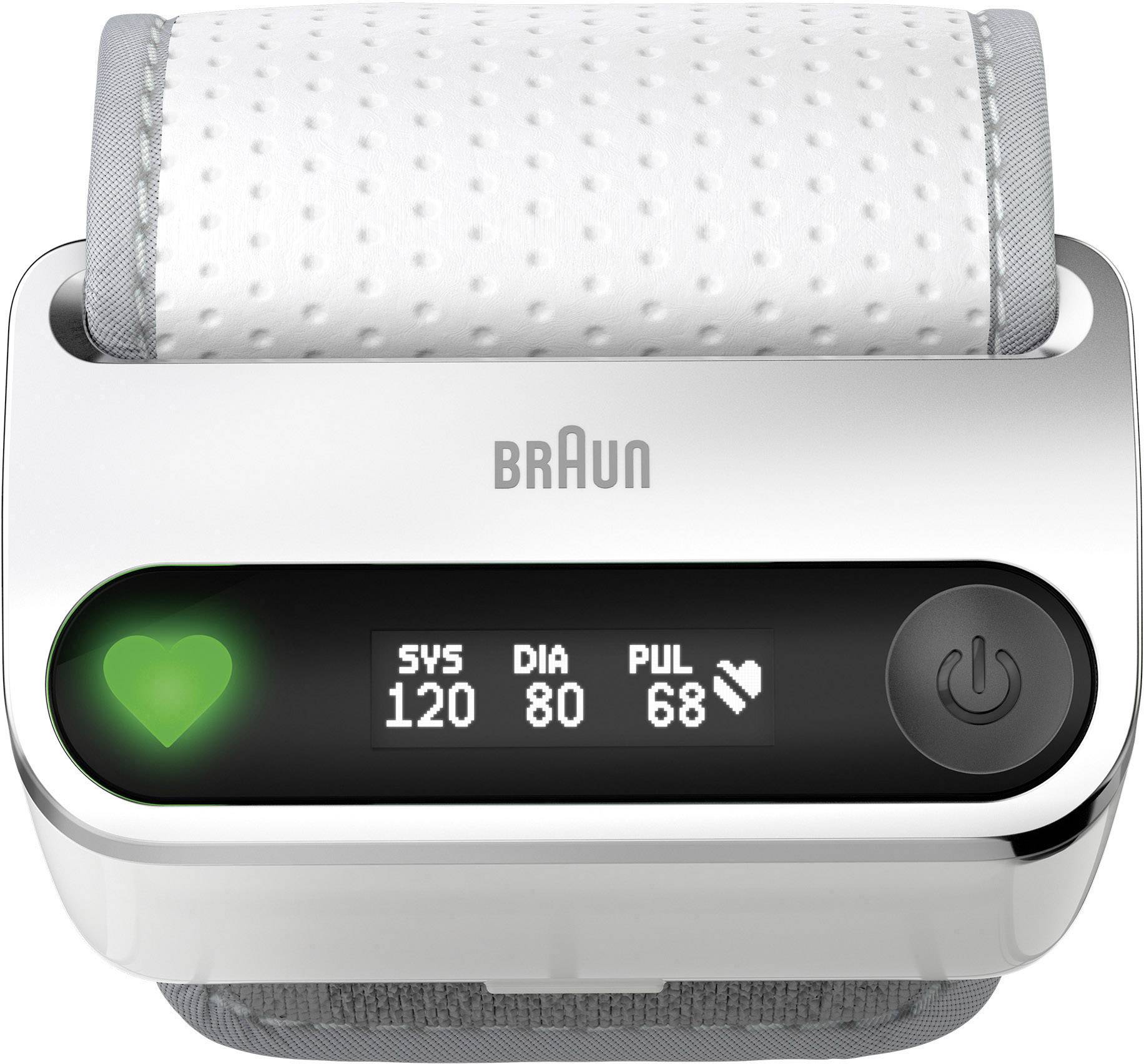 Een digitaal bloeddrukmeetapparaat toont 'SYS: 120, DIA: 80, PUL: 68'. Het heeft een groen hartsymbool voor normale bloeddruk.