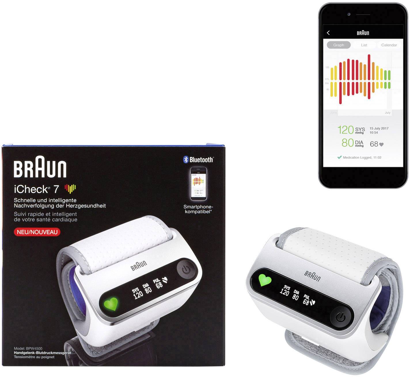 Bloeddrukmeter Braun iCheck 7 met smartphone-app voor het volgen van hartvitaliteit. Verpakking, apparaat en app-interface afgebeeld.