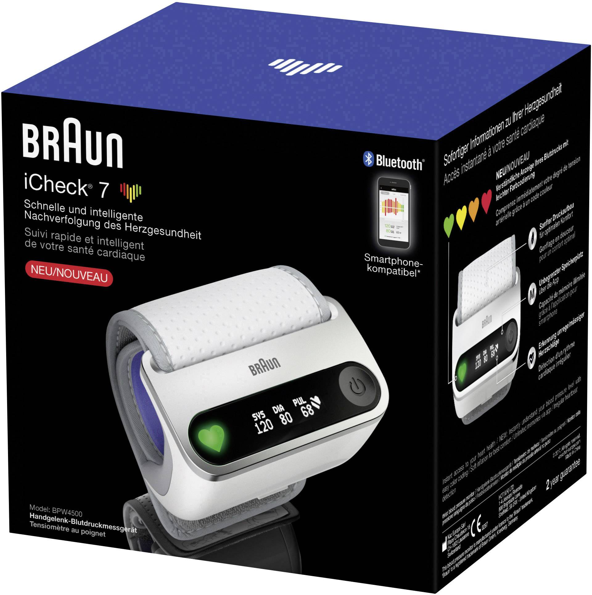 Verpakking van een Braun iCheck 7 bloeddrukmeter met smartphone-compatibiliteit. Toont een digitaal display en Bluetooth-logo.