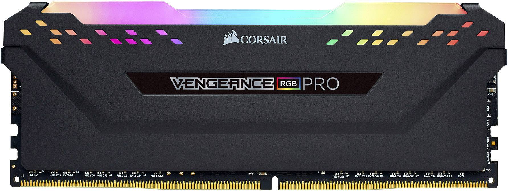Een zwarte Corsair Vengeance RGB PRO RAM-balk met RGB-verlichting bovenaan, geschikt voor krachtige computers.