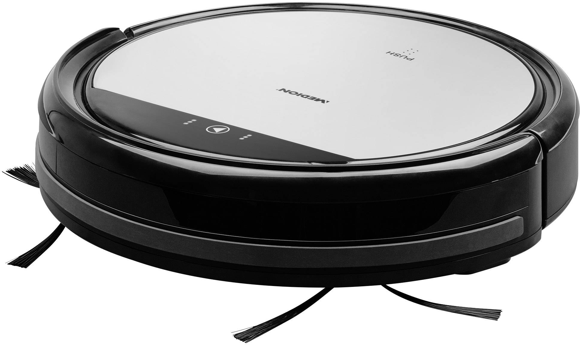 Een ronde, platte robotstofzuiger op een witte achtergrond, met zwarte buitenkanten en borstels; geschikt voor vloerreiniging.