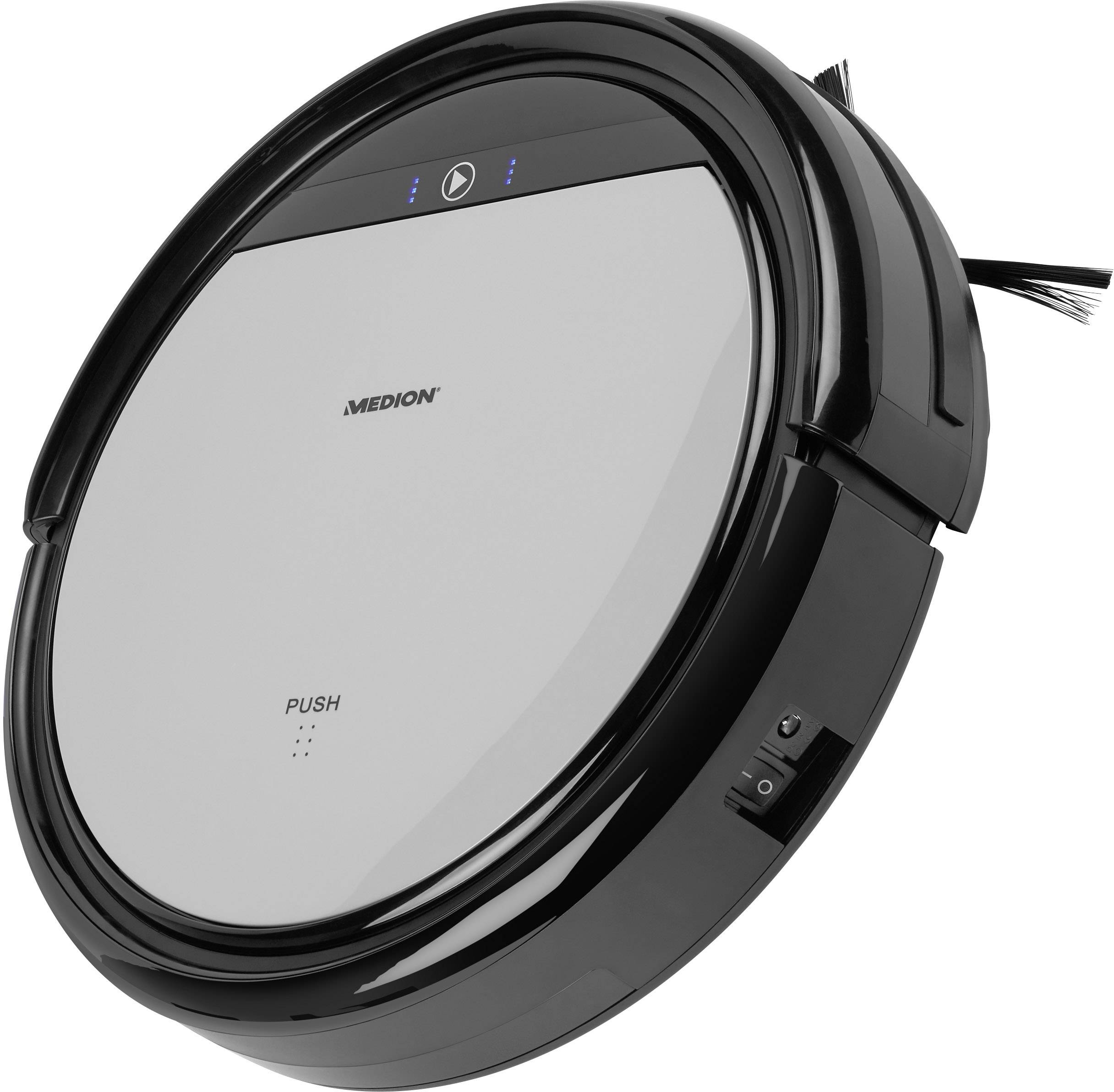 Een ronde zwarte robotstofzuiger van Medion op een witte achtergrond.