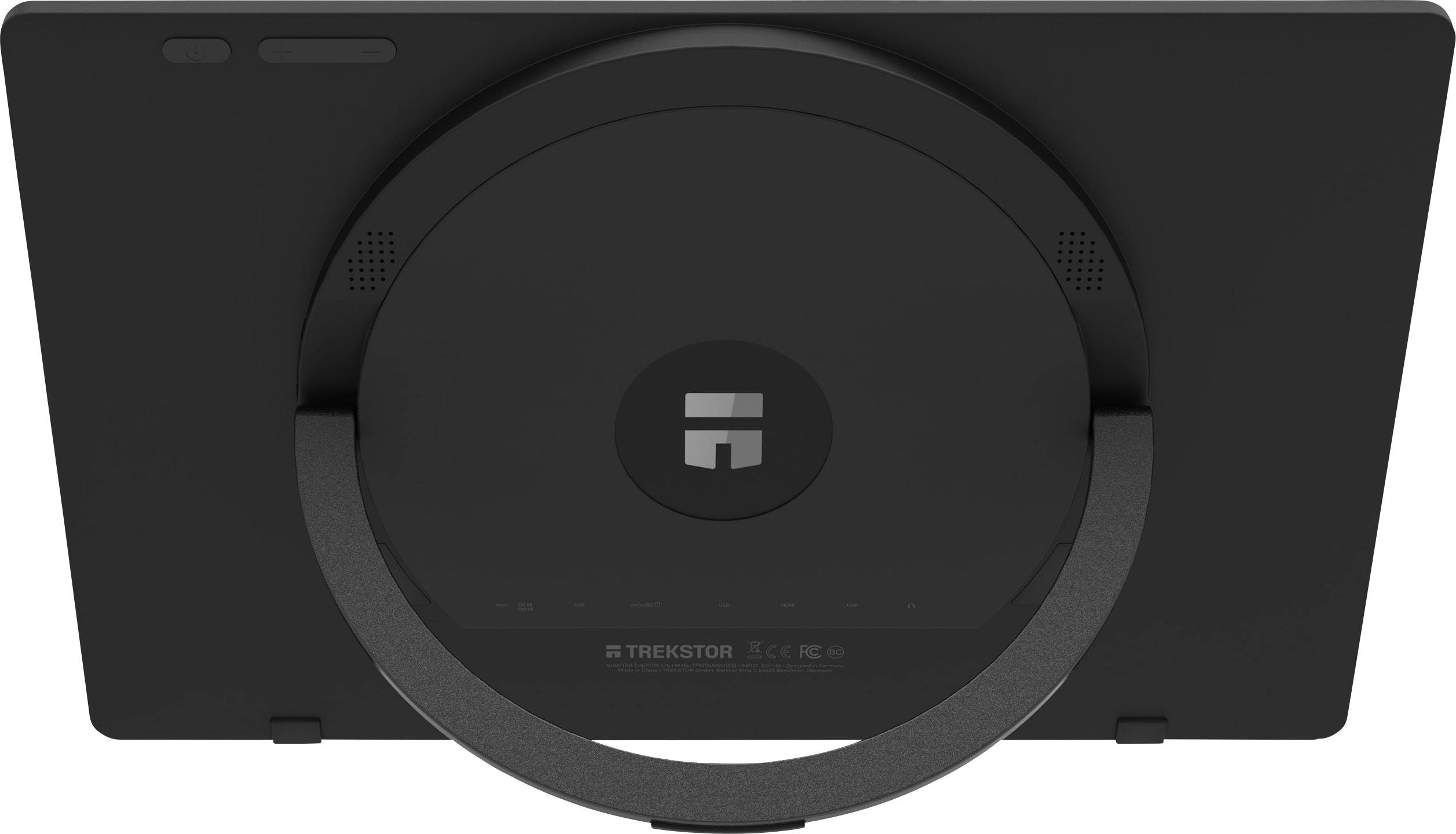 Achterkant van een tablet met geïntegreerde standaard; merkenlogo en stereoluidsprekers zijn zichtbaar.