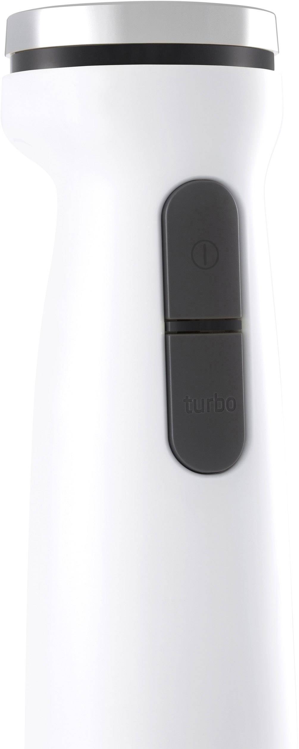 Witte staafmixer met twee zwarte knoppen, daaronder 'turbo'.