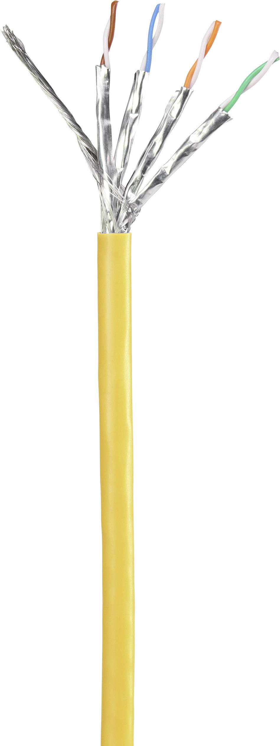 Geel, meeraderig kabel met open uiteinde dat koperbeklede draden in paren toont.