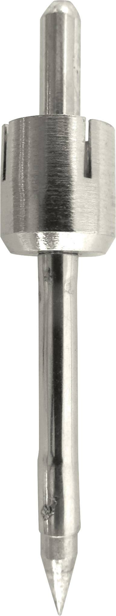 Een metalen gereedschap met een cilindrische greep en een puntige punt. Het ziet eruit als een naaldgereedschap of pen.